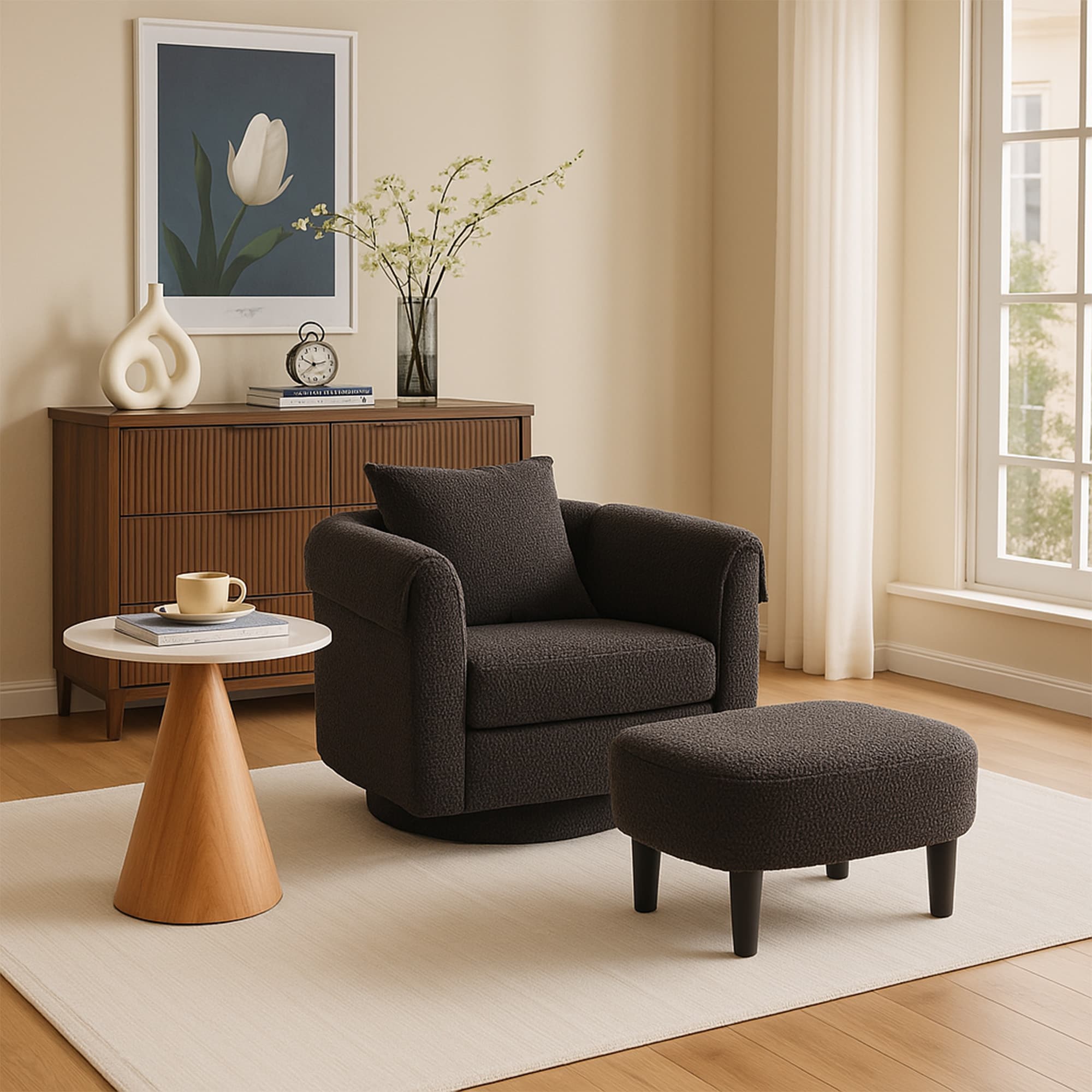 Swivel Accent Chair With Ottoman Set, Modern Chenille Barrel Armchair With Removable Back Pillow & 2 Armrest Covers For Living Room, Bedroom, Office, Black_voghion.com
